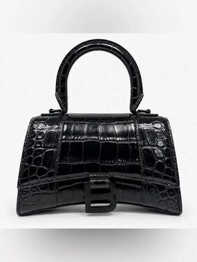 Balenciaga Hourglass XS Croc Embossed Top Handle Bag Black Patent Leather Purse